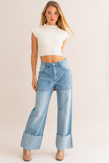 HAVEN High-Waisted Wide Leg Cuffed Jean