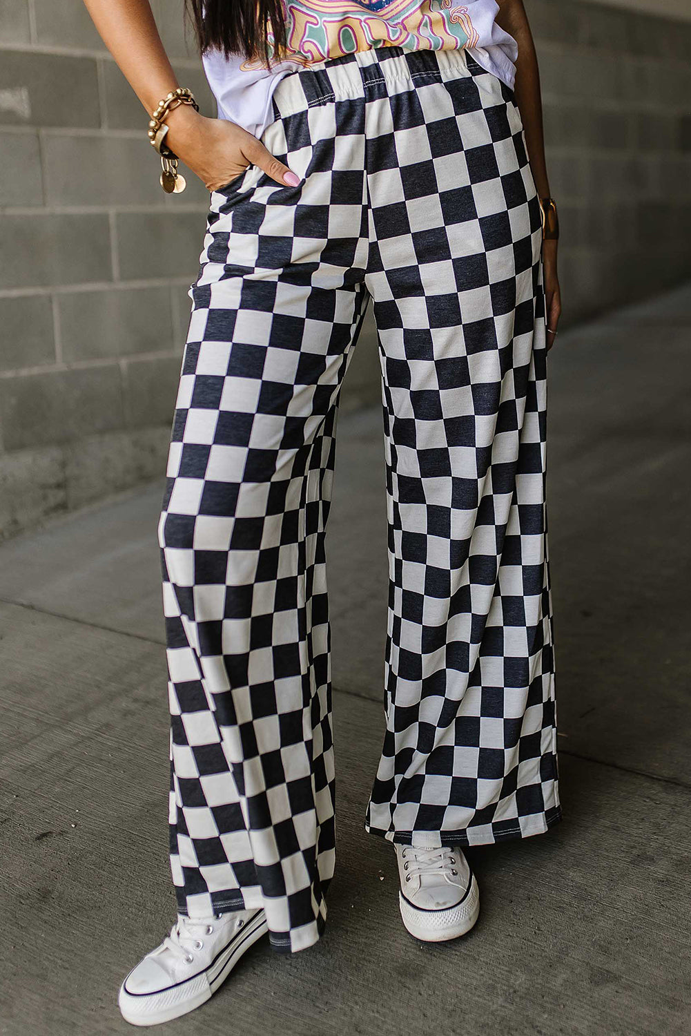 CHELSEA Checkered High Waisted Wide Leg Pants