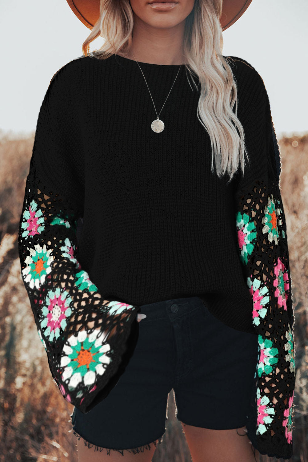 CRISTA Crochet Bell Sleeve Sweater