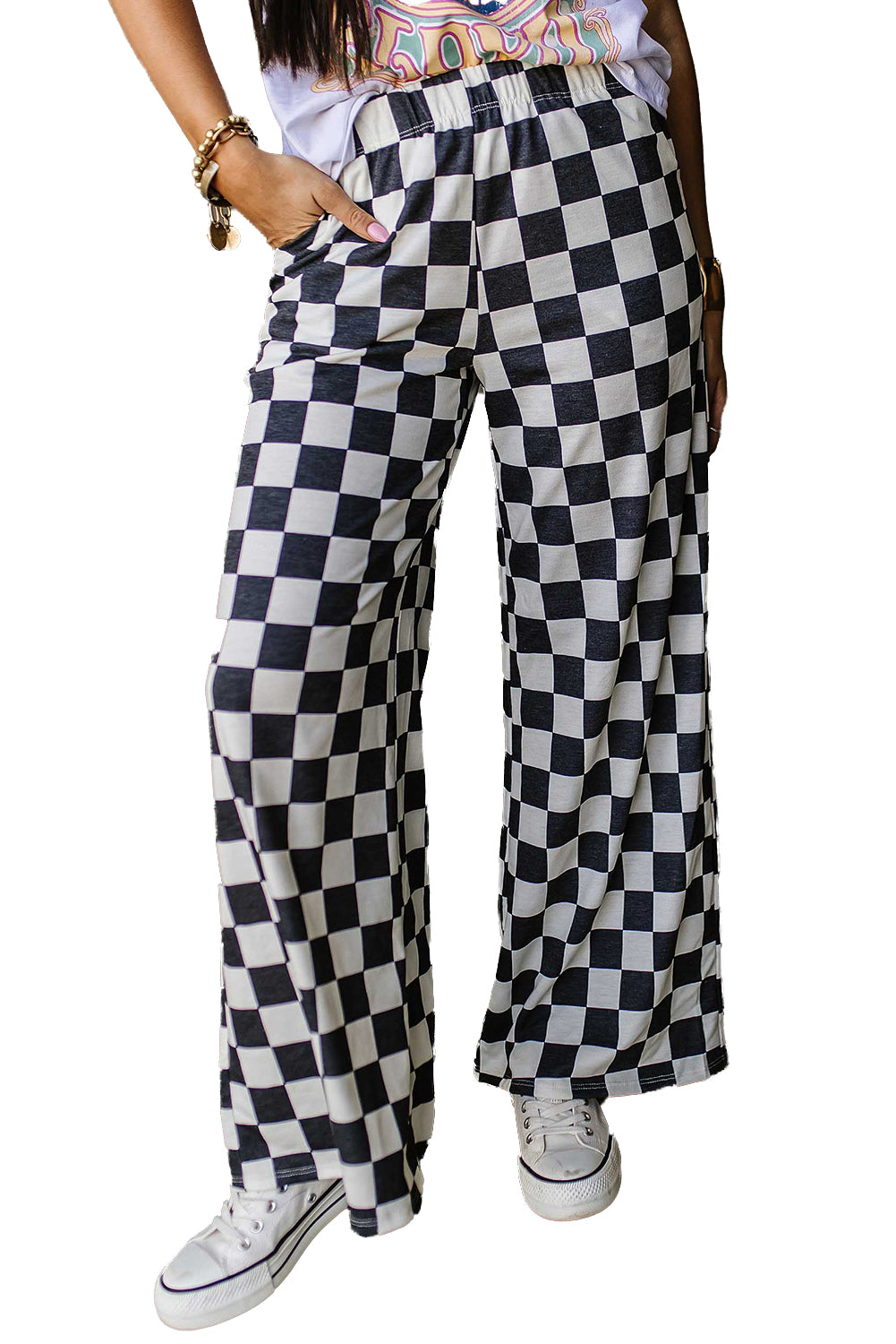 CHELSEA Checkered High Waisted Wide Leg Pants