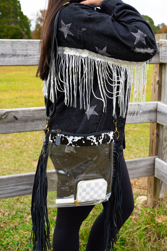 ABBY Clear Fringe & Cow Print Crossbody