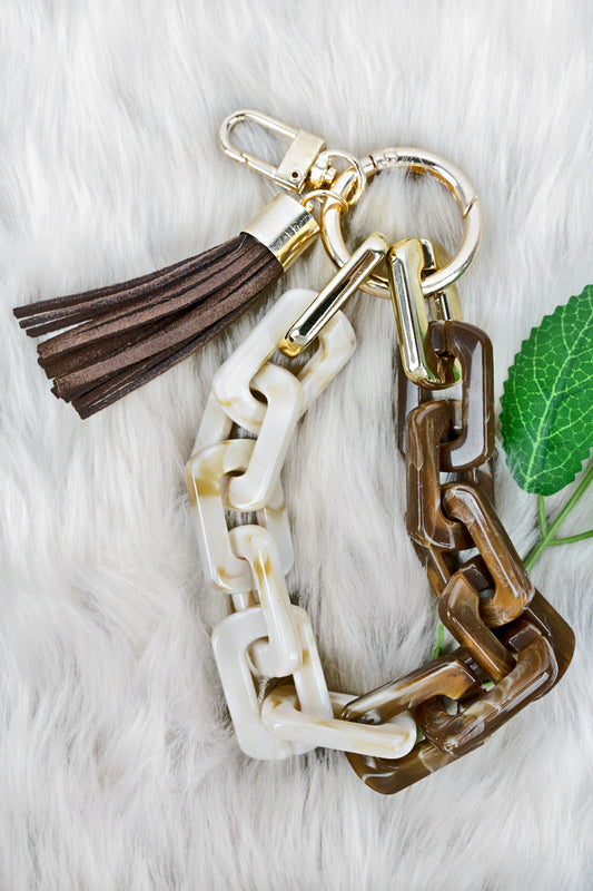 CLAIRE Brown and Tan Chain Link Keychain