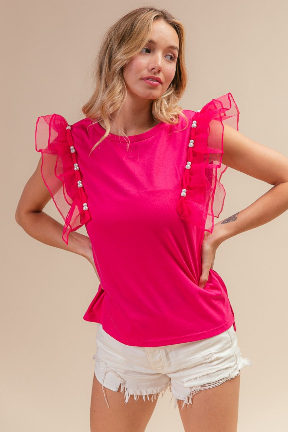 Mesh Ruffle Top BiBi Pearl Decor Mesh Ruffle Sleeve Top – La Binky Boutique